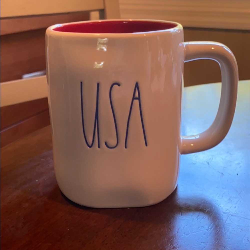 Rae Dunn USA mug red inside blue letters